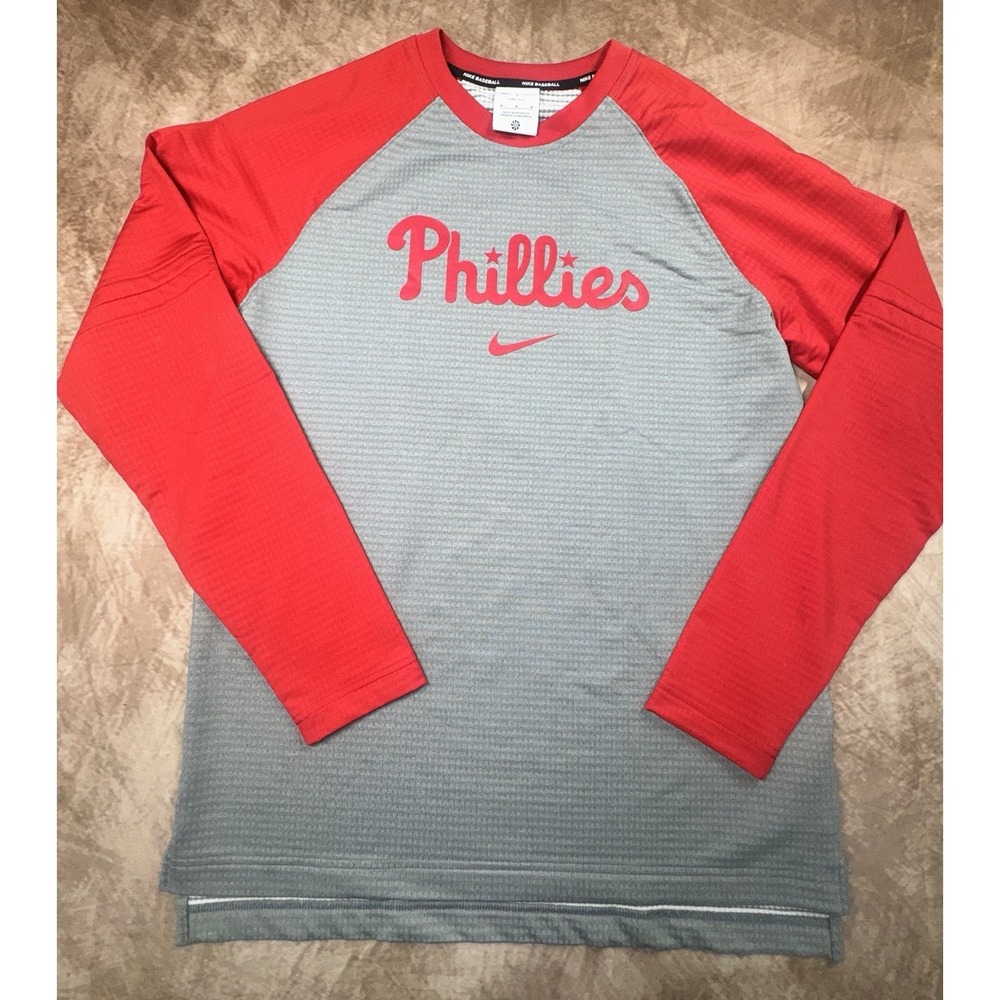 Mens Phillies Nike Authentic Dri-Fit Red/Gray Game Time Long Sleeve Shirt Medium